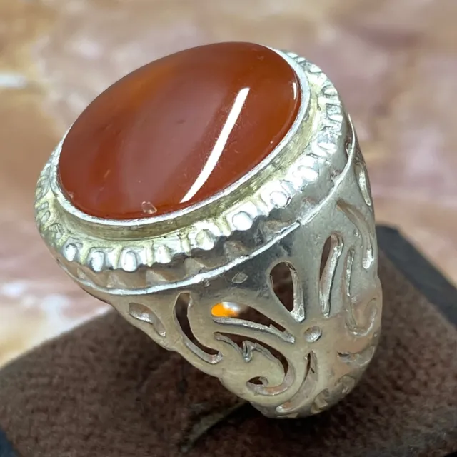 Big 925 sterling Silver ring Natural yemen red agate aqeeq خاتم عقيق احمر