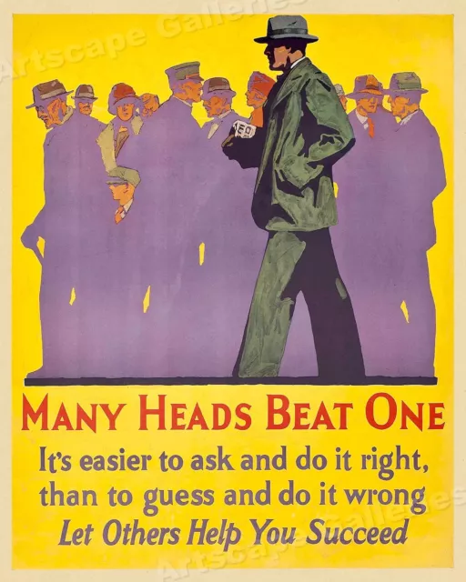 Many Heads Beat One - 1920s Mather Business Motivational Poster - 16x20