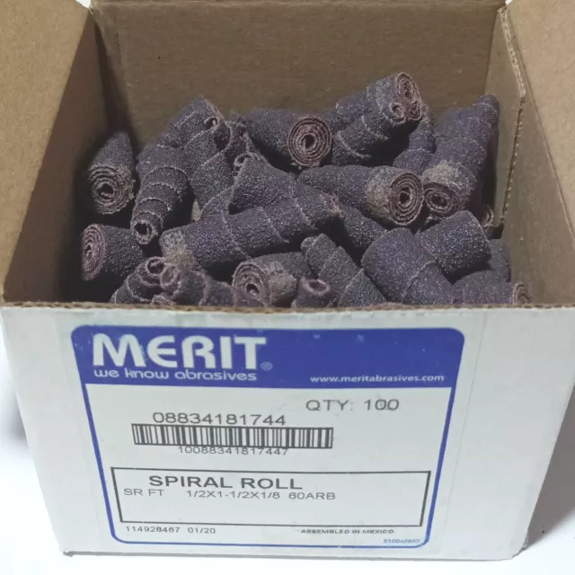 BOX of 100 Merit 81744. 1/2” x 1-1/2”x 1/8”. 60 Grit. Full Tapered Spiral Roll