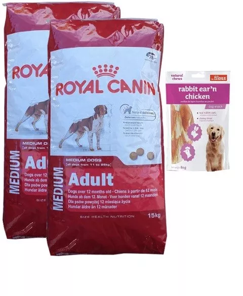 2 x 15 kg Royal Canin Medium Adult nourriture pour chiots + 80 g de collations à la viande
