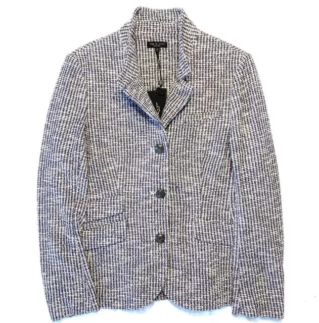 RAG & BONE Womens Slade Tweed Up Collar Slim Blazer Jacket Navy Blue (MSRP $595)