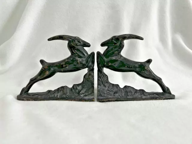 Art Deco Cast Iron Jumping Gazelle Bookends Pair - Vintage - Pre-Owned