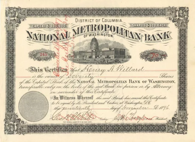 National Metropolitan Bank of Washington - Stock Certificate - Banking Stocks