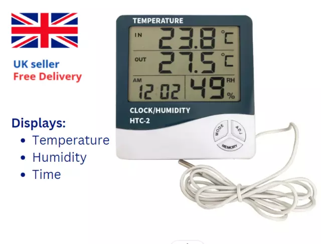 HTC 2 Digital LCD Temperature Thermometer Humidity Hygrometer Meter Clock Probe