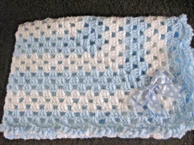 Lovely Hand Crochet Baby Blanket In Blue/White Shimmer Yarn With Spot Bow (1)