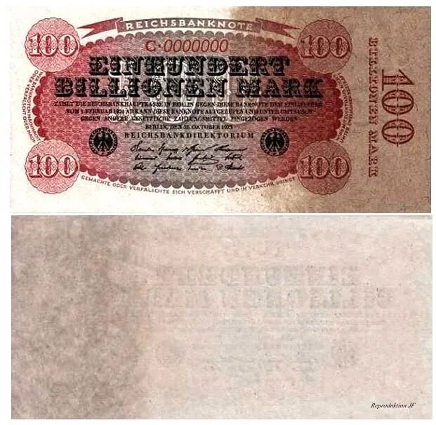 Reichsbanknote, 100 Billionen Mark, 1923, Reproduktion
