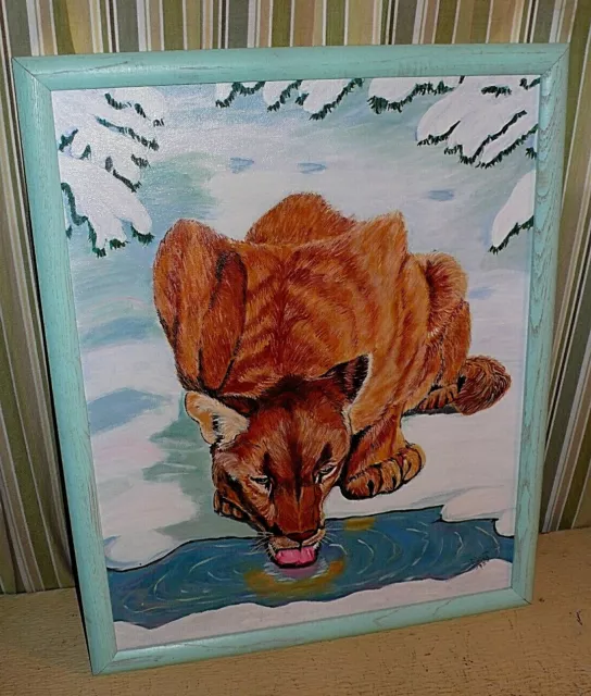 Original framed acrylic painting 'The Watering Hole' COUGAR in winter by Delong