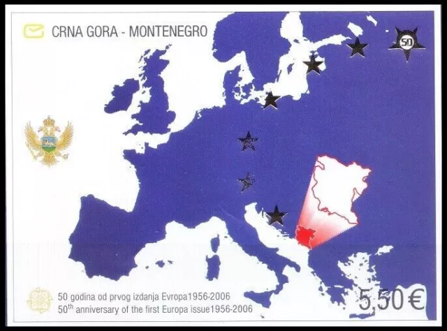Montenegro 2006 MNH imperf MS, Map, 50th Ann of Europe stamps, Coat of Arms
