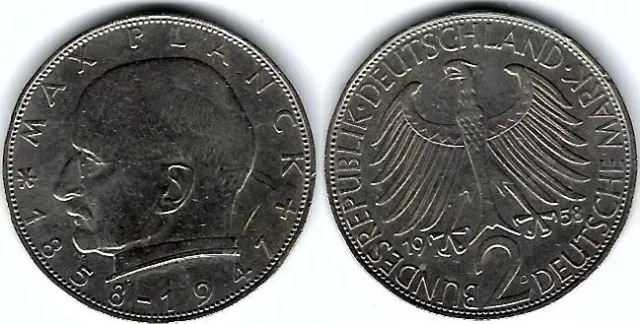 Münze 2 Deutsche Mark (2 DEM) Max Planck 1958 D BRD KM# 116, J# 392, Schön# 115