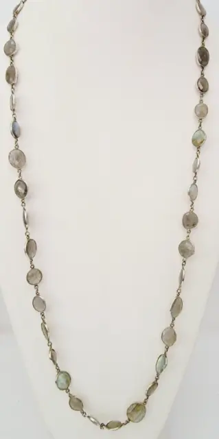 Labradorite Gemstone Bezel Set 925 Sterling Silver Chain Long Necklace 36"