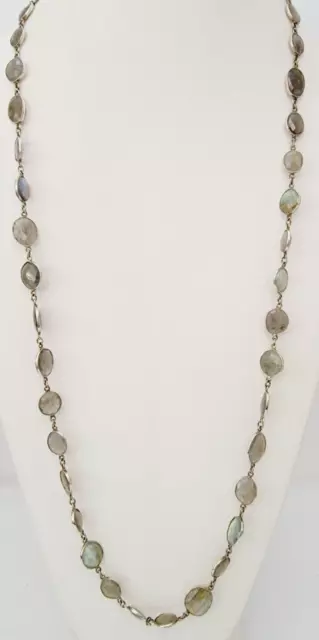 Labradorite Gemstone Bezel Set 925 Sterling Silver Chain Long Necklace 36"