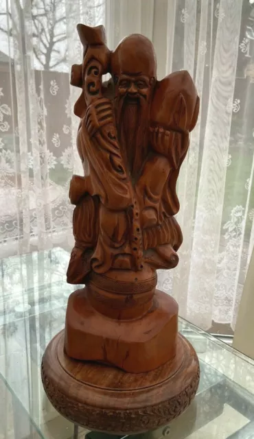 Vintage Chinese Carved Wooden Figure Of Shou Xing God Of Longevity  / Fu Lu Shou