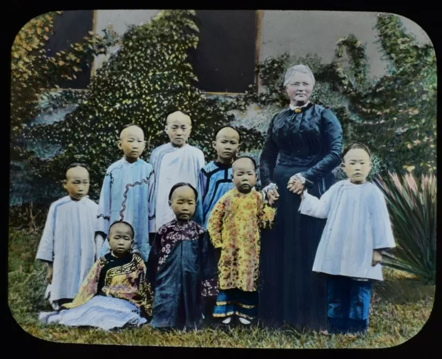 Magic Lantern Slide CHINESE CHILDREN WITH GOVERNESS C1890 PHOTO CHINA EMPEROR