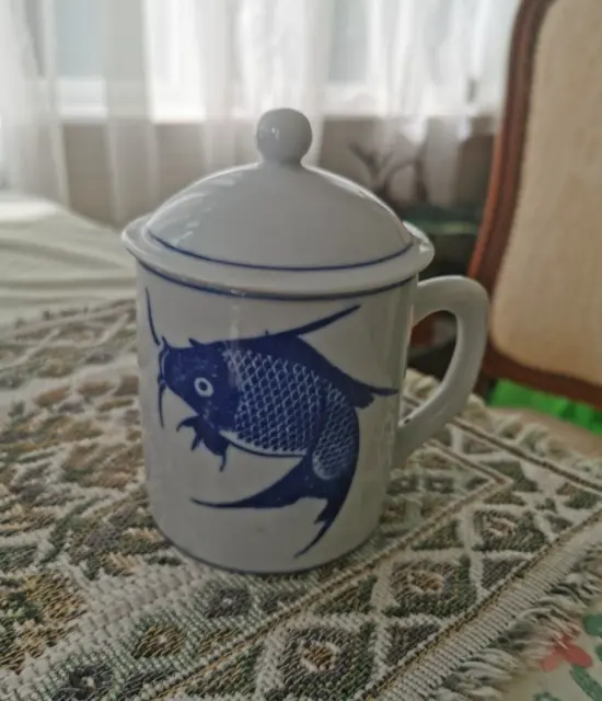 Pier 1 Blue Koi Fish Chinese Porcelain Coffee Mug Tea Cup w/Lid