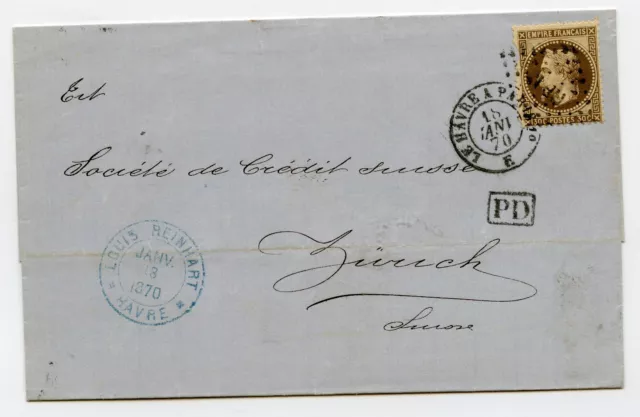 LETTRE N°30 CAD LE HAVRE à PARIS   pour ZURICH SUISSE