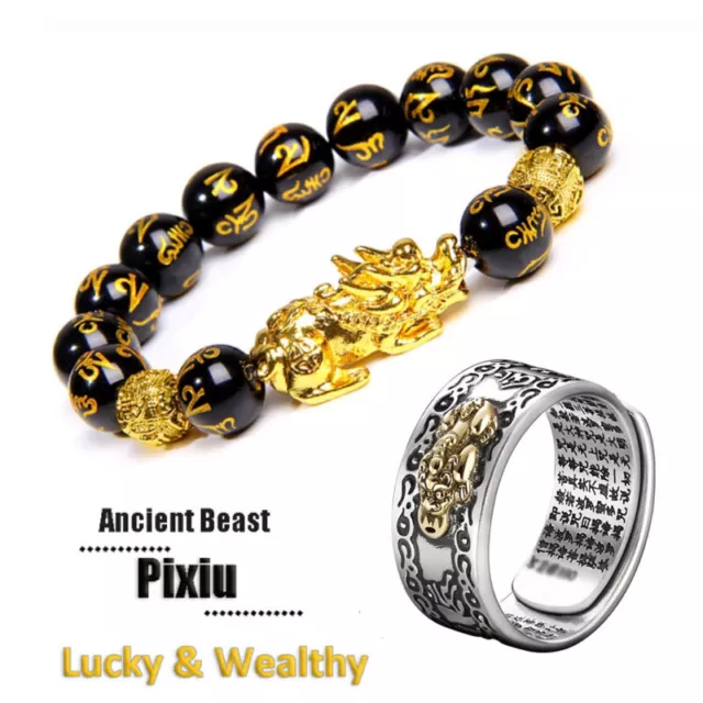 Black Pixiu Bracelet Ring Sets Feng Shui Obsidian Bead Wealth Good Luck Jewelry