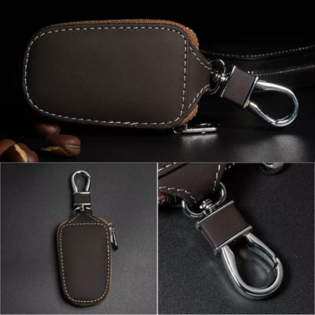 Genuine Leather Car Key Chain Ring Keychain Case Holder Zipped Bag Purse Brown