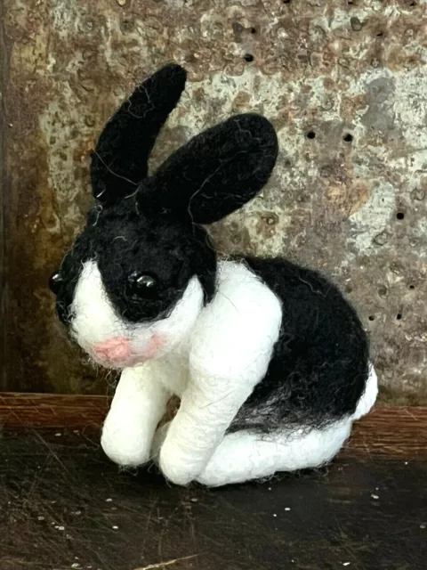 Black & White Dutch Bunny Rabbit Needle Felted Figure Critter Spring Easter