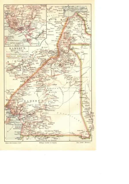 Kamerun, alte historische Landkarte, Original Lithographie um 1900 (L3)