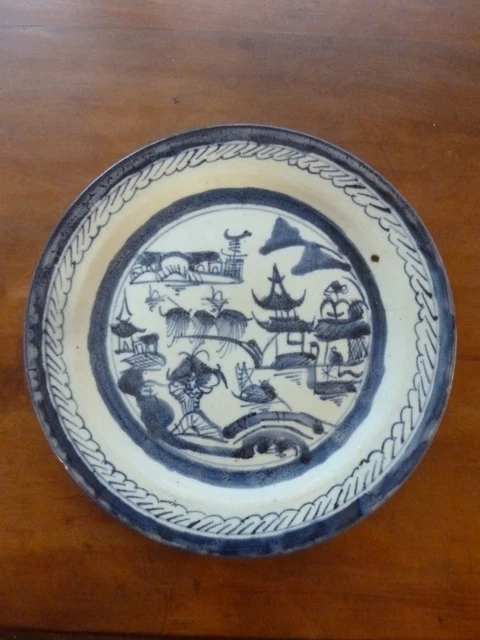 ANTIQUE CHINESE EXPORT Canton Porcelain Blue & White Plate Harbor Scene ...