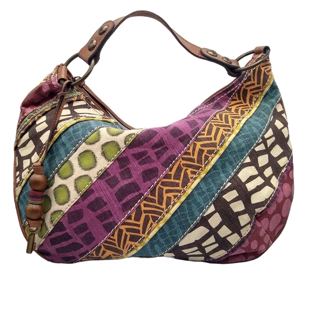 Fossil Multicolor Striped Patchwork Canvas Hobo Bag Brown Leather Handle Charm