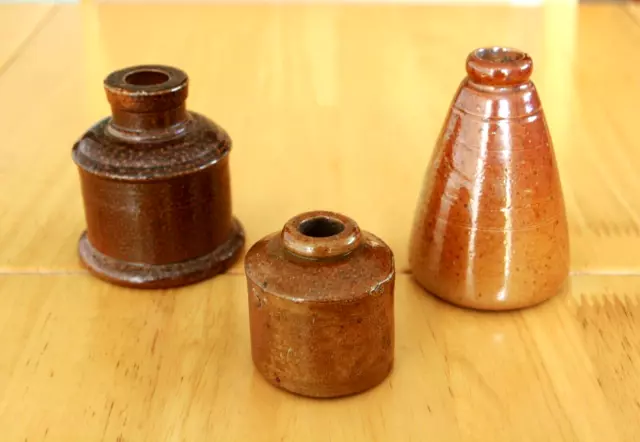 3 X Vintage  Lovely Stone Ware  Ink  Pots