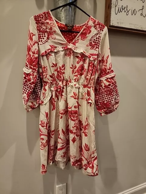 Anthropologie Vineet Bahl Red Floral Embroidered Boho Mini Dress XS