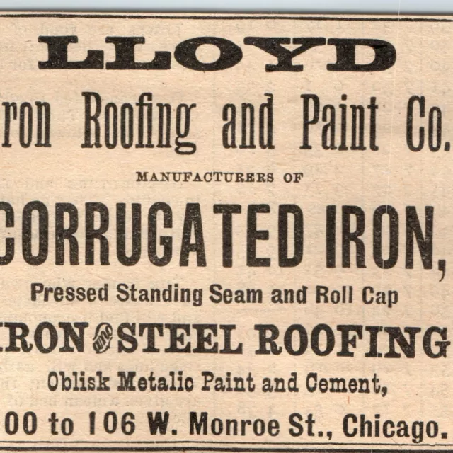 1890 Chicago, IL Lloyd Iron Roofing & Paint Co Print Ad Corrugated Roofing C37