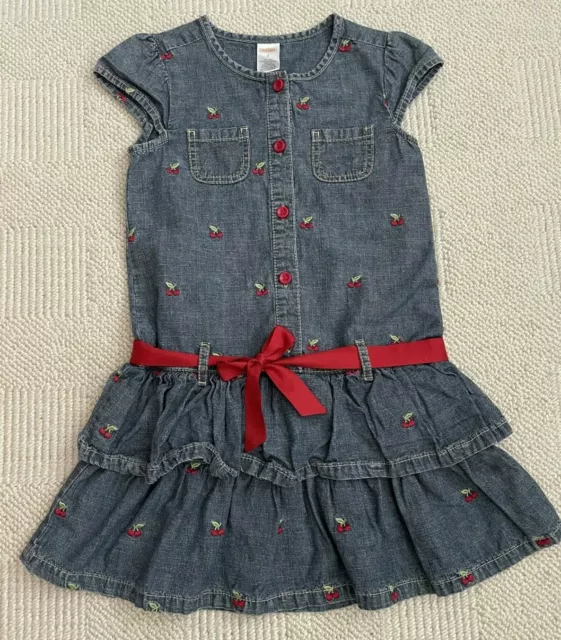 Gymboree Chambray Denim Cherry Dress Girls Size 6 Tiered Ruffle Detail