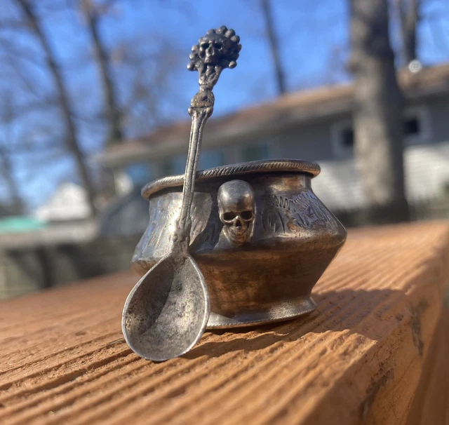 Antique Silver Medical Memento Mori Skull Poison Spoon & Bowl Oddity Odditties