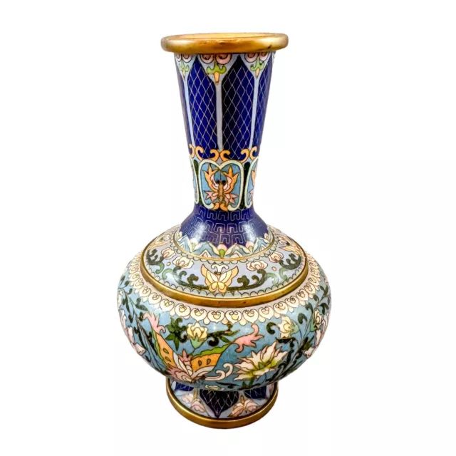 Antique Chinese Republic blue cloisonné enamel bronze butterfly and floral vase