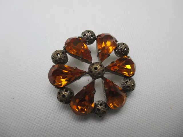 50/60er Brosche Blume Strass Tropfen orange bernstein Schliff Metall silber