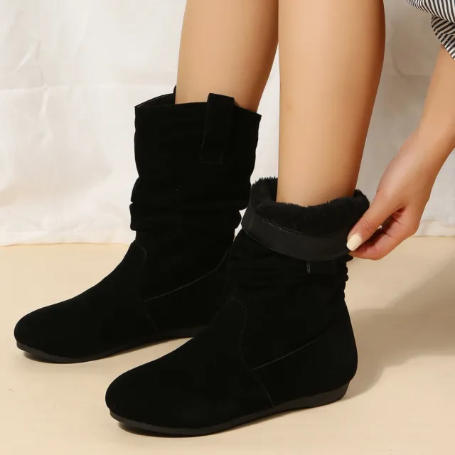 Ladies Mid Calf Boots Flat Comfort Faux Suede Retro Slouchy Boots Shoes Pull On