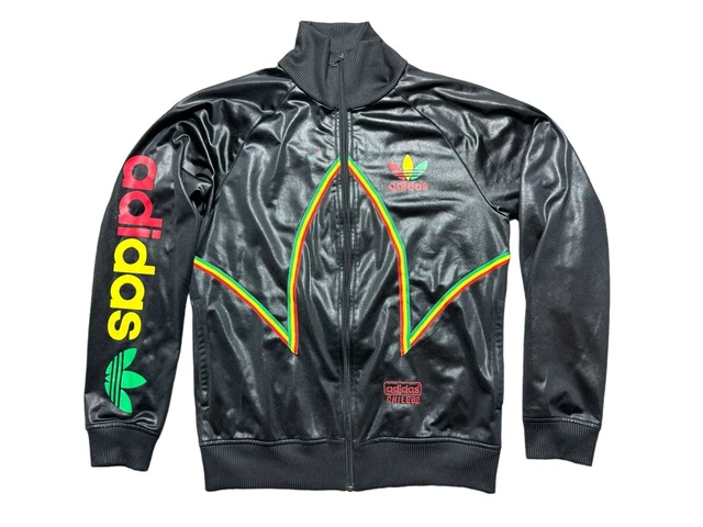 ADIDAS CHILE 62 Jacket Small Black Rasta Reggae Rare Wet Look