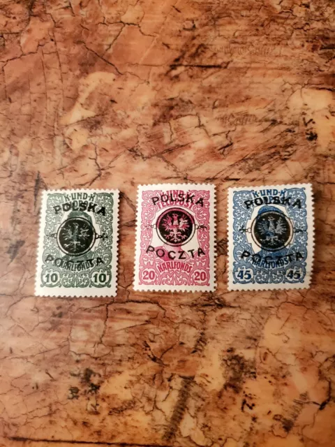 Poland set of 3 stamps, not cancelled, hinged, overprint Poczta Polska