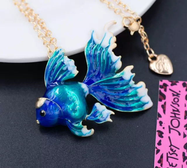 New Betsey Johnson Alloy Crystal Enamel Blue Fish Chain Pendant Necklace Brooch
