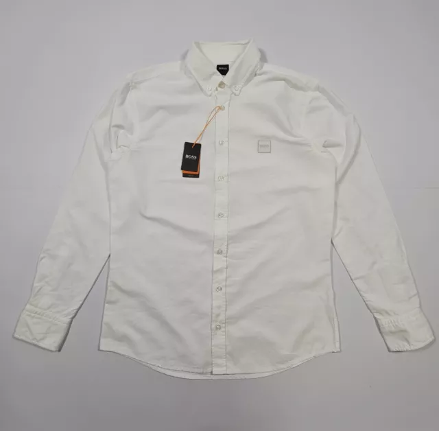 Hugo Boss Mens Shirt White Large Slim Fit Long Sleeve Mabsoot Cotton Button Up
