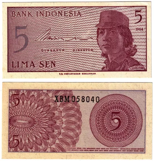 Banknote - Bank Indonesia 1964, 5 Sen, P91a, Female volunteer in uniform, aUNC