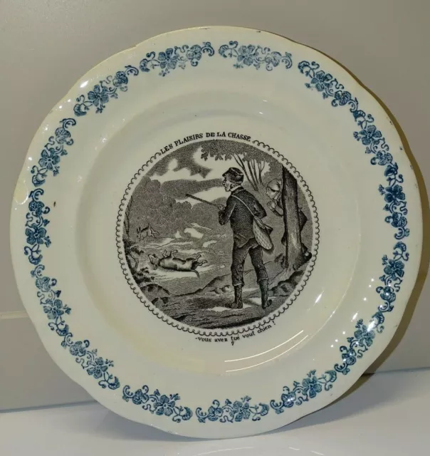 *Ancienne Assiette A Dessert Ceramique Longwy Les Plaisirs De La Chasse Vitrine