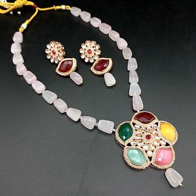 Bollywood Rose Gold Tone Ethnic Kundan Mala Necklace Wedding Indian Jewelry Sets