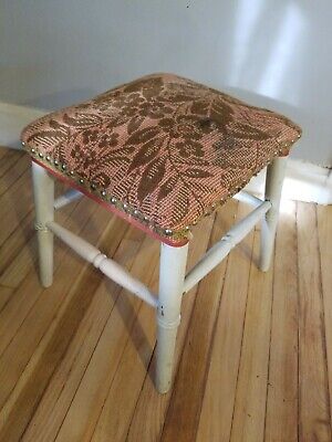 Vintage Foot Stool ~ Woven Tapestry Seat 14" x 14" x 16" Wood Painted White 8