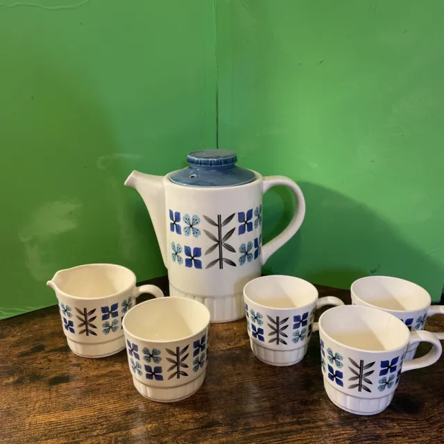 retro Topic Tea/ coffee pot in white with blue 3 Cups / Sugar Bowl / Milk Jug