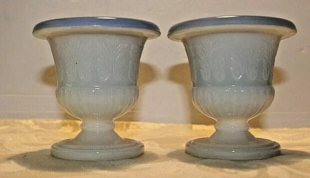 2 Lot - Vintage Blue Ribbed Akro Agate Embossed Milk Glass Urn Toothpick Holder