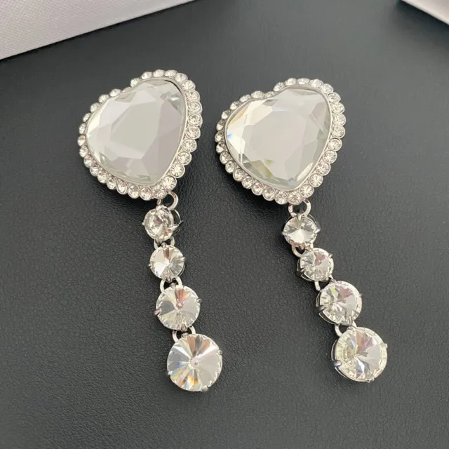 Signed ALESSANDRA RICH Gleaming Crystal HEART Silvertone Clip Earrings