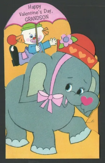 1975 LARGE Vintage Valentine's Card Circus Elephant & Clown Cart Full of Animals