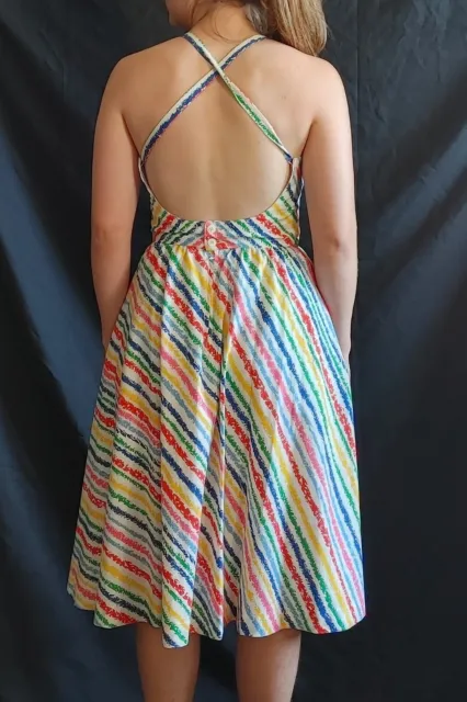 Vintage 1980s Open Back 🌈 Rainbow Stripe Lanz Dress Full Skirt Hidden Pockets