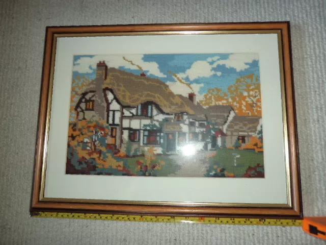 Beautiful Hand Made Woolen Tapestry Framed Picture - Country Cottage