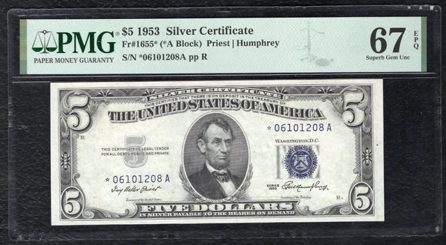 Fr.1655* 1953 $5 *Star*Silver Certificate Note Pmg Superb Gem Unc-67Epq *Top Pop