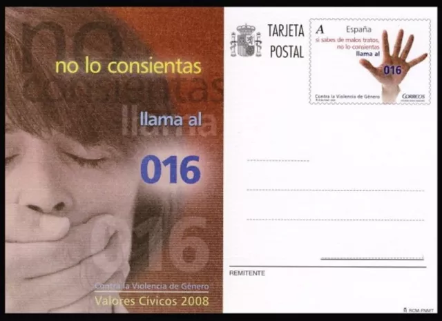 España Spain Entero Postal  ( tarjeta ) 177 2008 Valores Cívicos 016 Contra la