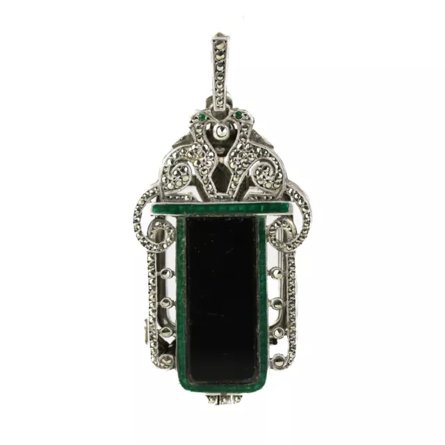 French Art Deco Sterling Silver Onyx Marcasite & Enamel Lorgnette Pendant